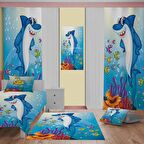 köpekbalığı Desenli Çocuk Odası Takım Perde (iki Kanat),Yatak Örtüsü,Yastık,Kırlent ,Halı,Tablo