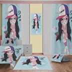 güzel kız Desenli Çocuk Odası Takım Perde (iki Kanat),Yatak Örtüsü,Yastık,Kırlent ,Halı,Tablo