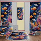 Güzel balık Desenli Çocuk Odası Takım Perde (iki Kanat),Yatak Örtüsü,Yastık,Kırlent ,Halı,Tablo