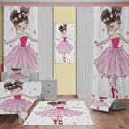 Balerin Ve Kedi Desenli Çocuk Odası Takım Perde (iki Kanat),Yatak Örtüsü,Yastık,Kırlent ,Halı,Tablo