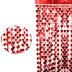 Kırmızı Renk Kalp Şekilli Metalize Saçaklı Arka Fon Perde Dekorasyon