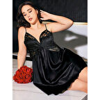 MARSiLYAN- Büyük Beden Siyah Kelebek Desenli İnce Askılı Saten Gecelik