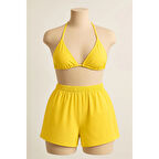 MARSiLYAN- Kadın Sarı Şortlu Belden ve Boyundan Bağlamalı Bikini Takımı