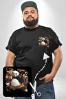 Kung Fu Panda Siyah Büyük Beden Kadın Basic Minimal Baskılı Tişört