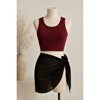 Kadın Bordo Yuvarlak Yaka Crop Ve Siyah Pareo 2'li Set