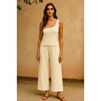 Kadın Beyaz Tek Omuzlu Şık Bluz & Geniş Paça Pantolon İkili Takım