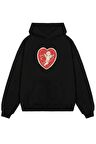 Unisex Kalp ve Melek Baskılı Kapüşonlu Siyah Sweatshirt