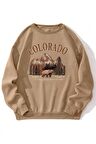 Unisex Colorado Baskılı Bej Bisiklet Yaka Sweatshirt