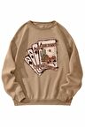 Unisex Oyun Kartı Baskılı Bej Bisiklet Yaka Sweatshirt