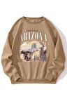 Unisex Arizona Baskılı Bej Bisiklet Yaka Sweatshirt