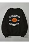 Unisex Halloween Baskılı Siyah Bisiklet Yaka Sweatshirt