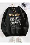 Unisex New York Baskılı Siyah Bisiklet Yaka Sweatshirt