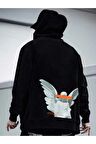 Unisex Melek Baskılı Kapüşonlu Siyah Sweatshirt