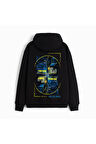 Unisex Familiar Baskılı Oversize Kapüşonlu Siyah Sweatshirt