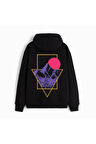 Unisex Mountainous Baskılı Oversize Kapüşonlu Siyah Sweatshirt