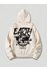 Unisex Earth Baskılı Oversize Kapüşonlu Krem Sweatshirt