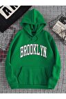 Unisex Brooklyn Baskılı Oversize Kapüşonlu Yeşil Sweatshirt