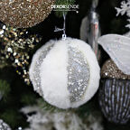 Yılbaşı Süsü Tüylü İncili 2'li Top Gümüş 10 cm