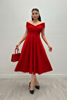 Kayık Yaka Midi Elbise - Kırmızı