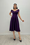 Kayık Yaka Midi Elbise - Patlıcan Mor