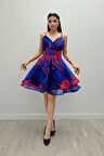 Organze Sifon Kumaş Desenli Mini Elbise - SAKS MAVİ