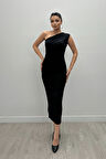 Jarse Kumaş Tek Omuz Büzgü Detaylı Kalem Elbise - SİYAH
