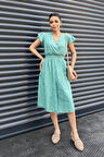 Fisto Kumaş Kruvaze Yaka Elbise - YEŞİL