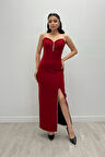 Atlas Kumaş Payet Askı Detaylı Kalem Elbise - BORDO