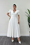 Atlas Kumaş Balon Kol İnci Detaylı Midi Elbise - BEYAZ