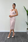 Saten Kumaş Straplez Tül Detaylı Kalem Elbise - PUDRA