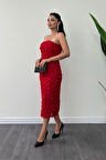 Üç Boyutlu Kumaş Bolero Detaylı Kalem Elbise - KIRMIZI