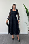 Dantel Kumaş Kare Yaka Midi Elbise Elbise - SİYAH