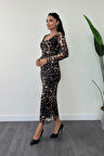 Tül Kumaş Büzgü Detaylı Kalem Elbise - LEOPAR
