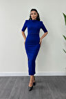 Krep Kumaş İnci Detaylı Kalem Elbise - SAKS MAVİ