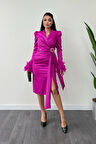 Saten Kumaş Otriş Detaylı Kalem Elbise - FUŞYA