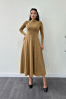 Pırıltılı Krep Kumaş Düğme Detaylı Midi Elbise - GOLD