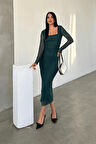 Tül Kumaş Büzgü Detaylı Kalem Elbise - ZÜMRÜT YEŞİL