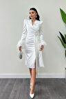 Saten Kumaş Otriş Detaylı Kalem Elbise - BEYAZ