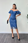 İşleme Dantel Kumaş Kayık Yaka Kalem Elbise - İNDİGO MAVİ