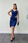 Saten Kumaş Boncuk Detaylı Elbise - LACİVERT