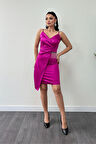 Saten Kumaş Boncuk Detaylı Elbise - FUŞYA