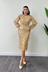 Saçaklı Pul Payet Kumaş Kalem Elbise - GOLD