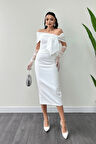 Atlas Kumaş Yakası Kurdale Detaylı Kalem Elbise - BEYAZ