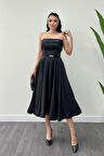 Saten Kumaş Sırt İp Detaylı Midi Elbise - SİYAH