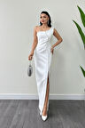 Atlas Kumaş Taşlı Şerit Detaylı Abiye Elbise - BEYAZ