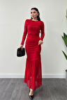 Tül Kumaş Büzgü Detaylı Kalem Elbise - KIRMIZI