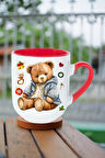 Yeni Yıl Oyuncak Ayı Teddy Bear Baskılı İçi Kırmızı Lüx Kupa Bardak Porselen Çay Kahve Fincanı