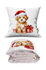 Noel Şapkalı Köpek Baskılı Dekoratif Yastık Kırlent Opsiyonel Battaniye 2 in 1