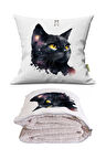 Siyah Pırıltılı Kedi Baskılı Dekoratif Yastık Kırlent Opsiyonel Battaniye 2 in 1