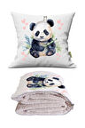 Cute Panda Sevimli Panda Baskılı Tv Battaniyeli Opsiyonel Dekoratif Hediye Yastık
